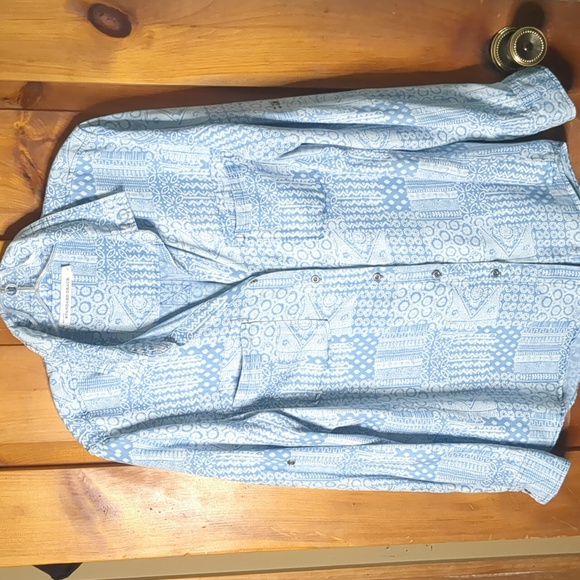 STANDARD GRACE* Sz L long sleeve 2pkt button front denim like patchwork look top - Picture 11 of 14